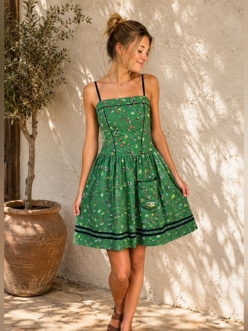 Silence + Noise Vintage Green Tribal Print Cotton Sundress Size Small